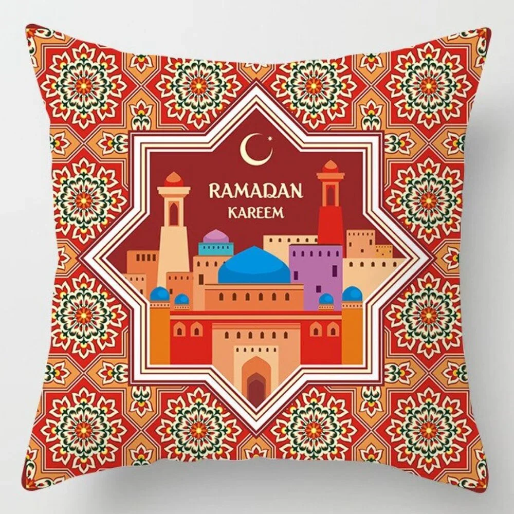Red Ramadan Mubarak Pillow Covers 18x18 Decorative Linen Pillow Covers
